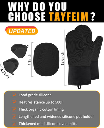 Tayfeim Silicone Oven Mitts 5pcs, Upgraded Pot Holders Set Heat Resistant 500F, Waterproof, Cotton Lined Oven Gloves BPA-Free, Oven Mits Set for Cooking Baking Kitchen Mittens Black