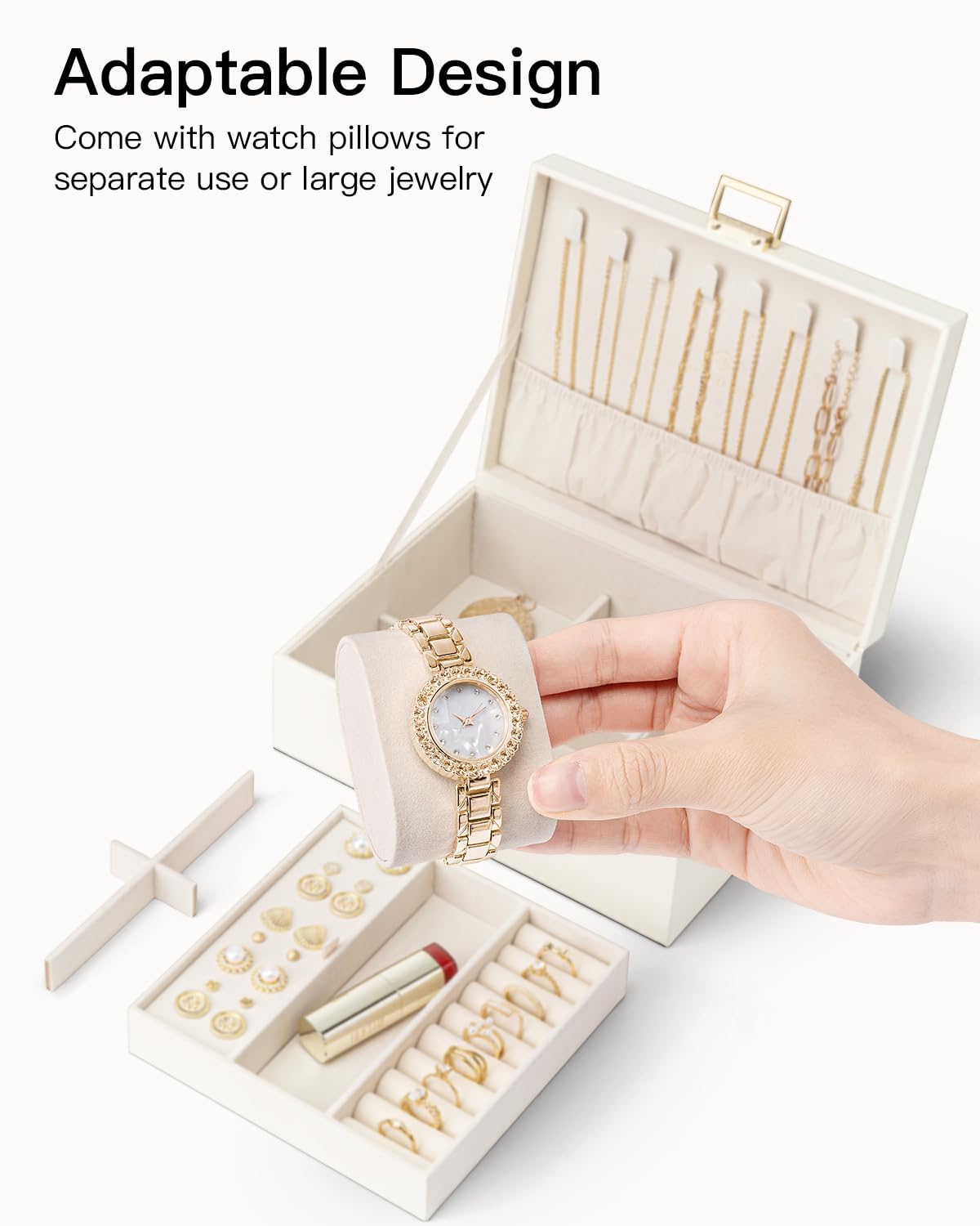 Vlando 2 Layer Jewelry Box Large Jewelry Organizer for Women Removable Jewelery Tray with Watch Pillow for Necklace Earrings Rings Bracelets Jewelry Boxes for Mother‘s Day Gifts (White)