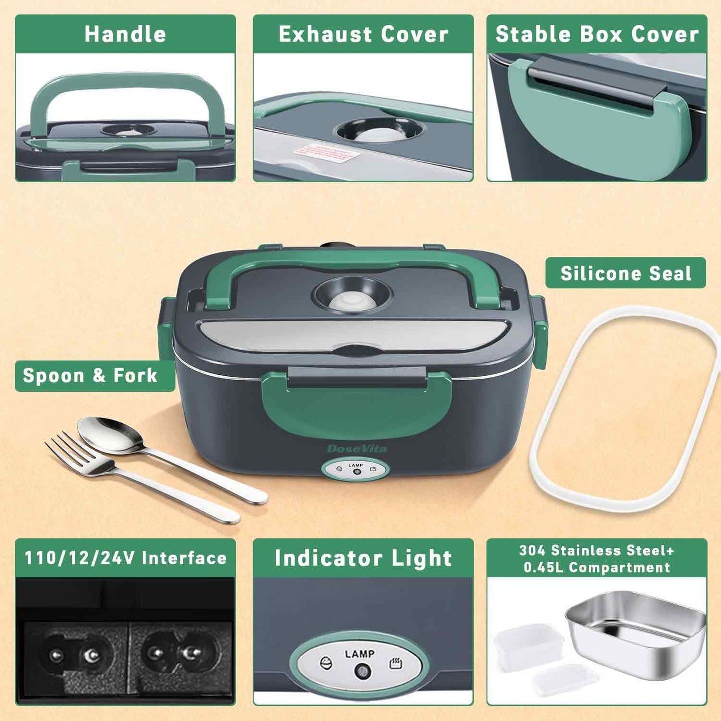 Dosevita Electric Lunch Box for Adults, 80W Heated Lunch Box 1.5L 304 Stainless Steel Portable Food Warmer,12/24/110V Lonchera Eléctrica Portátil for Car, Truck, Work, Travel (Green1)