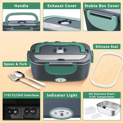 Dosevita Electric Lunch Box for Adults, 80W Heated Lunch Box 1.5L 304 Stainless Steel Portable Food Warmer,12/24/110V Lonchera Eléctrica Portátil for Car, Truck, Work, Travel (Green1)