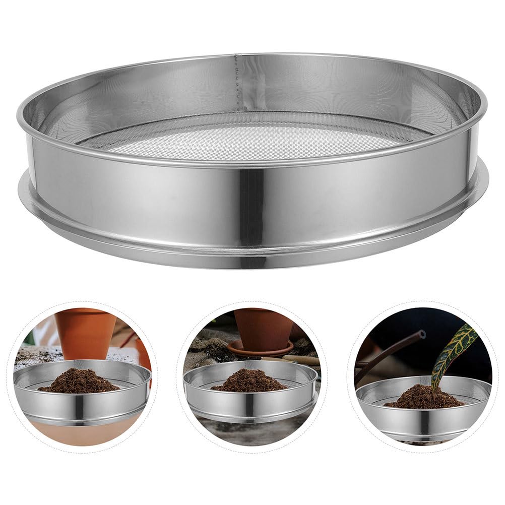 Veemoon Stainless Steel Garden Soil Sieve. Soil Classifier Sifter Round Planter Sand Screen Pan - 2mm Mesh Sifter Pan for Potting Compost and Sand Rock Sifting Filtration (9.8 Inch)