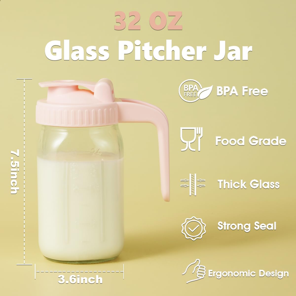 Pitcher with Lid & V-Shaped Pour Spout - 1 Quart Wide Mouth Mason Jar Pitcher Double Leak Proof, Creamer Container for Sun Tea, Juice, Cold Brew Coffee, Coffee Creamer Container