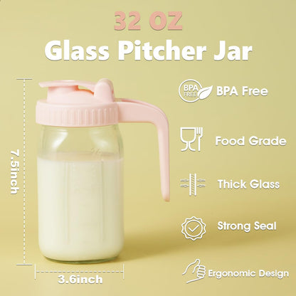 Pitcher with Lid & V-Shaped Pour Spout - 1 Quart Wide Mouth Mason Jar Pitcher Double Leak Proof, Creamer Container for Sun Tea, Juice, Cold Brew Coffee, Coffee Creamer Container