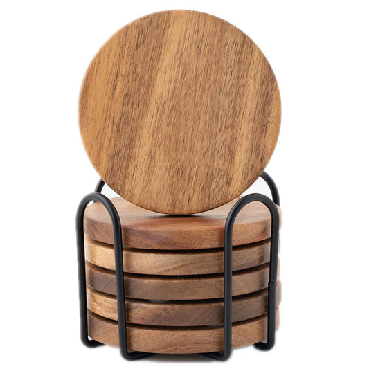 Wood Coasters for Drinks Tabletop Protection with Holder Set of 6, Acacia Wooden Coasters for Coffee Table Dining Table Desk Round with Non-Slip Pad Cup Coasters for Home Office Christmas Decor 4 Inch