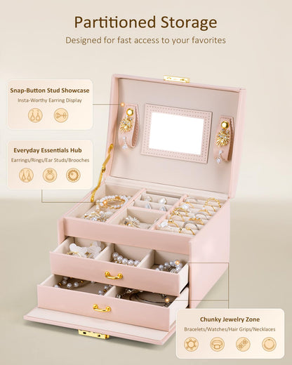 Lifcozy Jewelry Box for Girls Women, 3-Layer Jewelry Organizer with Mirror and Portable Handle, Small Jewellery Organizers for Young Women, Teenage Girl, 17.2 x 13.5 x 12.5 cm Pink