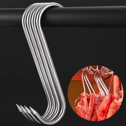 (4Pack) 8 Inch S-Hook Meat Hooks Heavy Duty Stainless Steel Meat Processing Butcher Hook Hanging Drying BBQ Grill Cooking Metal Meat Hooks for Butcher, Farmer, Hunter（10mm-8inch）