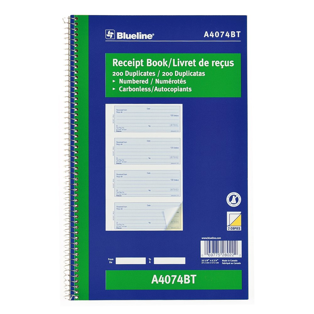 Blueline Receipt Book, 200 Numbered Duplicates, Carbonless, Bilingual 10-5/8" x 6-5/8" (A4074BT)