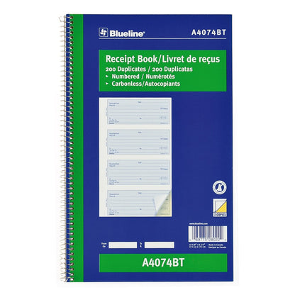 Blueline Receipt Book, 200 Numbered Duplicates, Carbonless, Bilingual 10-5/8" x 6-5/8" (A4074BT)