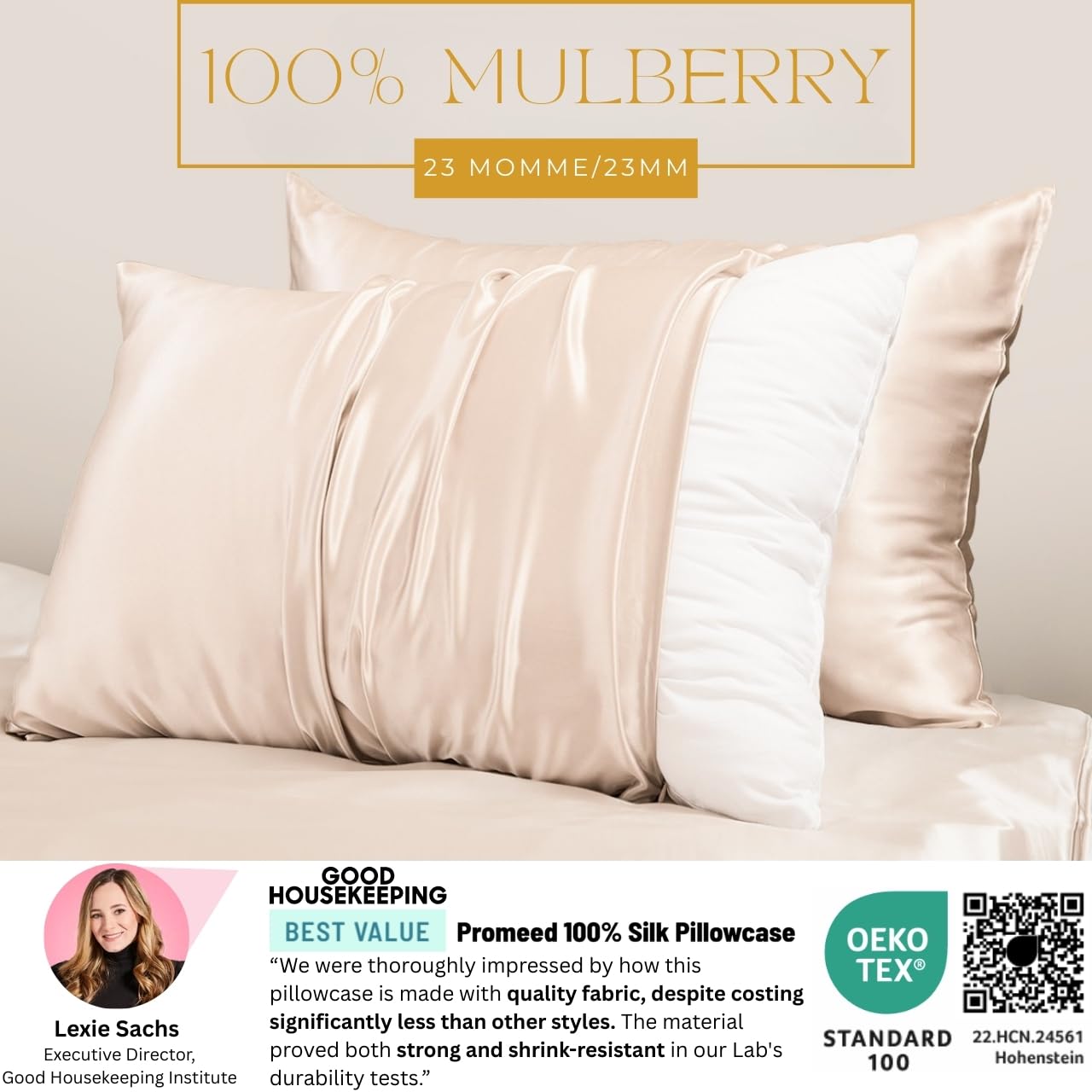 PROMEED 100% Mulberry Silk Pillowcase for Hair and Skin, Both Sides 23 Momme Grade 6A+ Silk Pillow Case with Hidden Zipper, 1400 TC, Soft & Smooth (Standard 20"x26", Champagne)