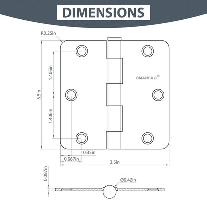 6 Pack 3.5" x 3.5" Black Door Hinges, Matte Black Door Hinges 3 1/2 Interior Door Hinges 1/4" Radius Standard Residential Bedroom Door