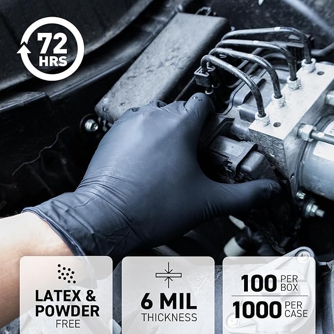 72HRS Industrial Grade Nitrile Gloves - Mechanic Gloves, 6 Mil Nitrile Gloves, Nitrile Black, Automative Gloves (200 Pieces (Medium)