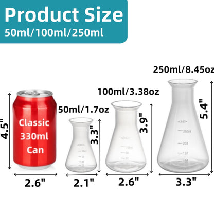Covzoe 10 Pack Plastic Erlenmeyer Flask, Clear Scientific Conical Flask for Students Experiment, Laboratory Chemical Erlenmey Education Learning Tool, 50ml, 100ml, 250ml, 500ml, 1000ml