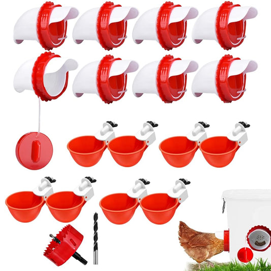 DIY Chicken Feeder and Waterer Set,No Waste Automatic Chicken Coop Accessories with 8 Chick Feeder Ports and 8 Water Feeder Cups, Rain-Proof Poultry Feeders Kit with Rat Stopper Cap