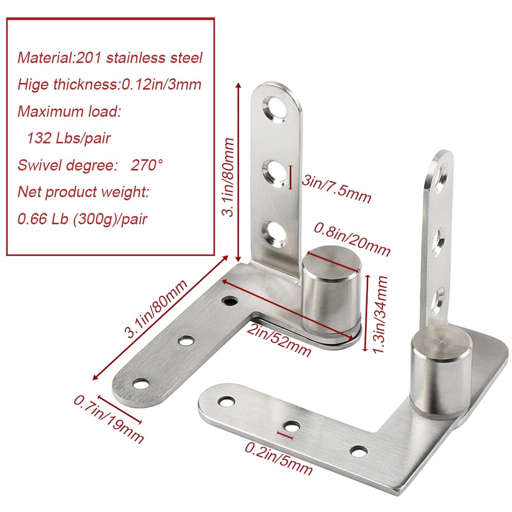 Black Pivot Hinge,Pivot Hinge Heavy Duty. Max Load 132lb/Pair Solid Stainless Steel,Fence gate Hinges,Yard Door Hinges，Used for railings and Wooden Doors（270 Degree Hinge Contains Screws）