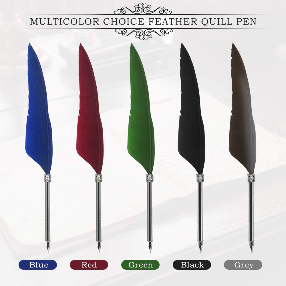 Quill Pen,Natural Handcrafted Calligraphy Pen Set, Antique Dip Luxury Feather Pen and Ink Set with Writing Pen, 5 Replacement Nibs, Pen Nib Base, Notebook, 1 Ink and Gift Box, Green
