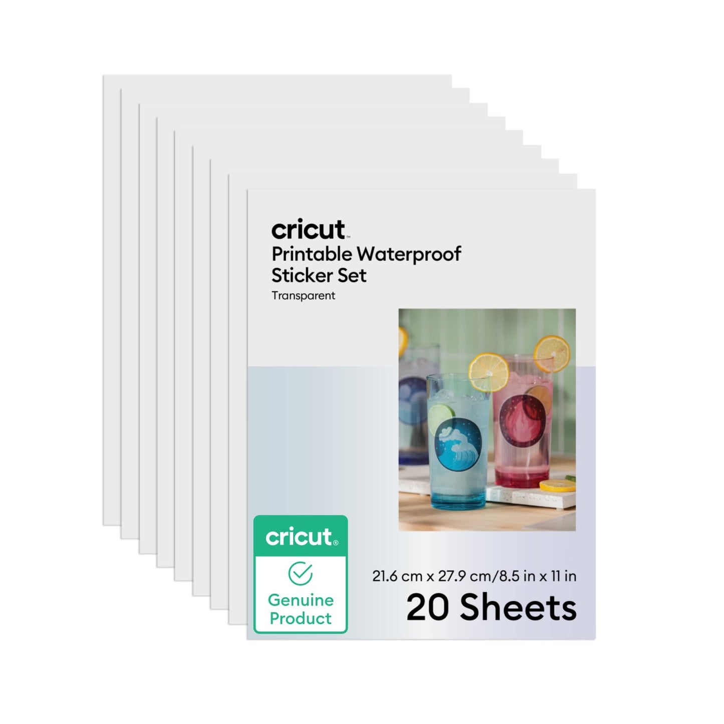 Cricut Printable Waterproof Sticker Set, 20 Transparent Sheets (8.5" x 11") - Compatible with Inkjet Printers - For Joy Xtra, Explore, & Maker Machines