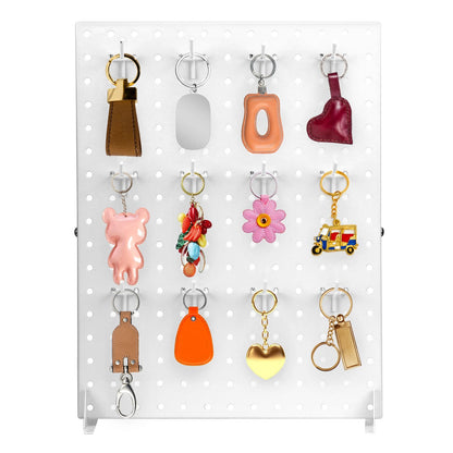 QWORK White Steel Peg Board Display Stand with 12 Hooks Included for Jewelry, Ornaments & Keychains