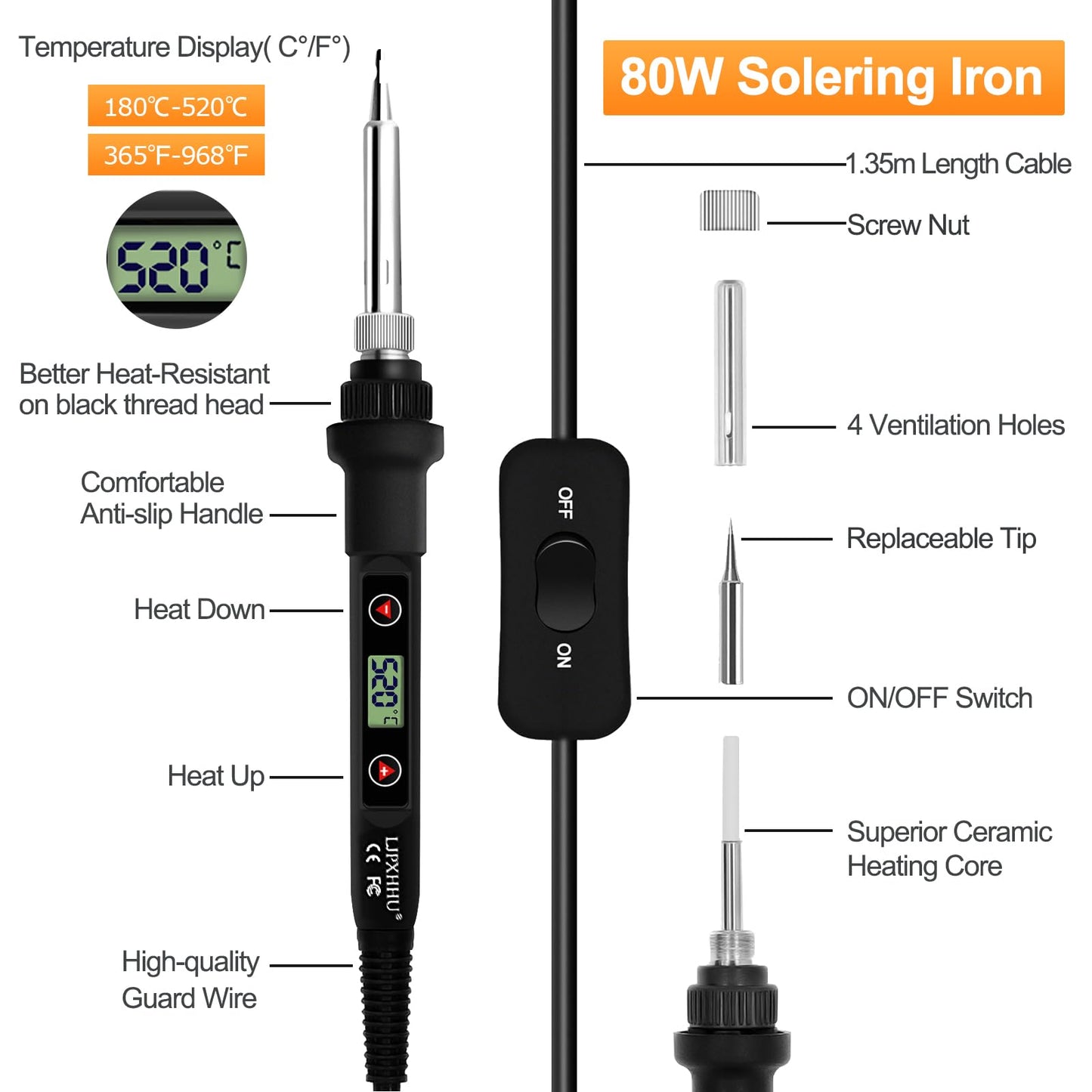 Soldering Iron Kit 80W LCD Adjustable Temperature 180-520℃ Solder Kit Electronics 12 in 1 Welding Tools with ON/Off Switch, Solder Wire, 5 Soldering Tips, Desoldering Pump, Stand, Tweezers