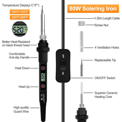 Soldering Iron Kit 80W LCD Adjustable Temperature 180-520℃ Solder Kit Electronics 12 in 1 Welding Tools with ON/Off Switch, Solder Wire, 5 Soldering Tips, Desoldering Pump, Stand, Tweezers