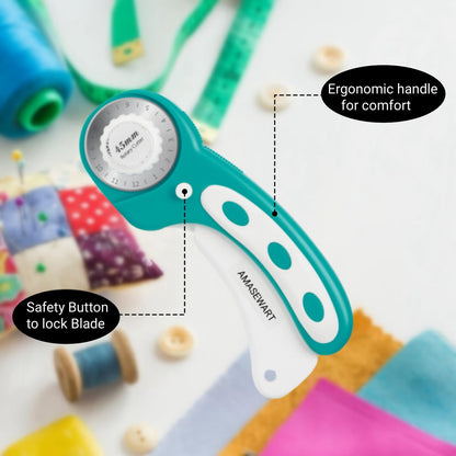 AMASEWART 45mm Rotary Cutter and Mat Set, Fabric Cutter Wheel and 12x18 Inch Self Healing Sewing Cutting Mat, Fabric Rotary Cutter with 5pcs Rotary Blades for Quilting Patchworking Crafts, Turquoise