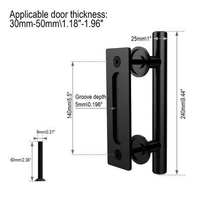CCJH 9.5" Pull and Flush Sliding Barn Door Handle Set Heavy Duty Large Rustic Two-Side Design for Gates Garages Sheds Furniture, Solid Steel,Black