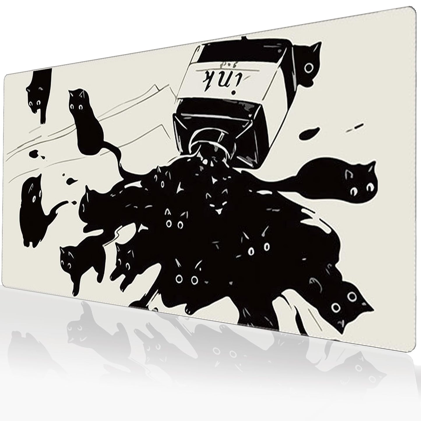 Uniqcasa Gaming Mouse Pad XXL Extended Anime Mouse Pad 31.5x15.7inch, Large Cute Kawaii Big Computer Mouse Mat Desk Pad with Non-Slip Rubber Base and Stitched Edge for Home Office-Black Ink Cat