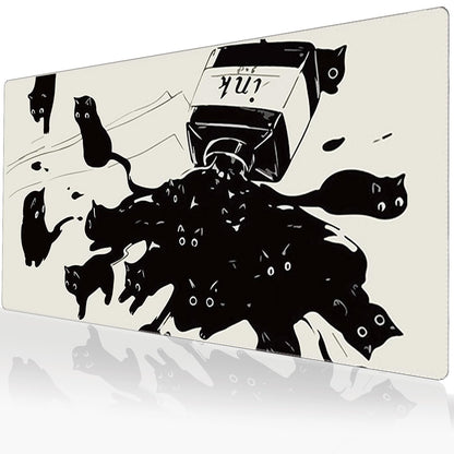 Uniqcasa Gaming Mouse Pad XXL Extended Anime Mouse Pad 31.5x15.7inch, Large Cute Kawaii Big Computer Mouse Mat Desk Pad with Non-Slip Rubber Base and Stitched Edge for Home Office-Black Ink Cat