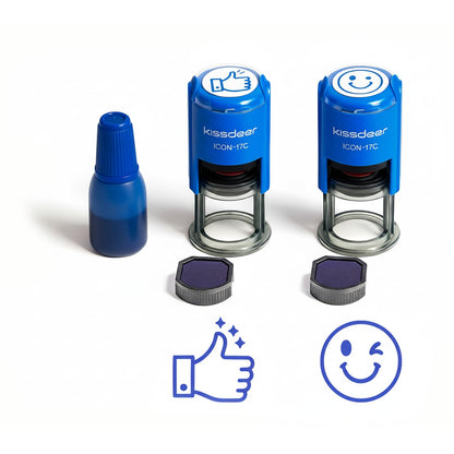 Self-Inking Thumbs Up & Smiley Face Stamp (18mm) - Blue Pre-Inked Rubber Stamp for Teacher Grading, Customer Service Gratitude, Office Appreciation & "Service with a Smile" - Refillable (Blue Ink)