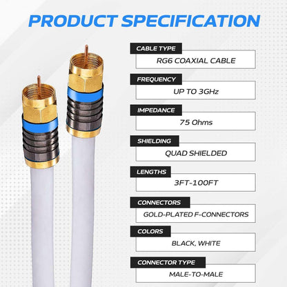Cables Direct Online 50ft White Quad Shield RG6 Coaxial Cable, F Pin and BNC Extension Wire for Satellite Dish, Cable TV, Antenna - Digital HD 3GHz Coax Cord with Weatherproof Connectors