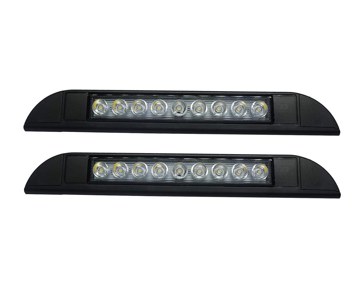 Raycharm 10" RV Camper LED Awning Porch Utility Light Fixture, 40° Down Angle Beam, 6000K Cool-White Super Bright, 12V/24V DC, High Light-Output Low Ampere Draw, Aluminum Housing Black Finish, 2-Pack