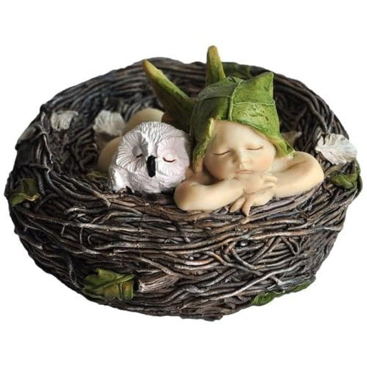 Top Collection Miniature Fairy Garden and Terrarium Sleeping Fairy Baby with Owl in Nest Statue