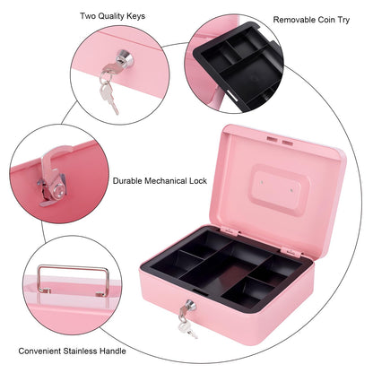Cash Box with Lock and Money Tray Metal Money Box for Cash Lock Box for Money Safe 9.84" x 7.87" x 3.54" Large Pink