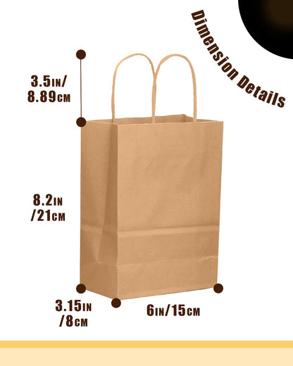 qiqee 50-Packs Brown Paper Gift Bags with Handles Bulk 8.3"x3"x 6" Small Size Paper Bags Multiple Uses(15x8x21cm,Small Size)