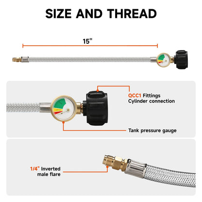 Roastove 15 Inch Stainless Braided RV Propane Pigtail Hose with 1/4 Inch Male Inverted Flare Fitting,for Standard Two-Stage Regulator, 2PACKS,with Gauge