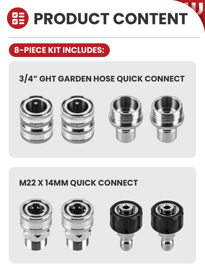 WOJET Pressure Washer Quick Connect Kit, M22 14mm Quick Connect Pressure Washer Fittings, M22 to 3/8 Quick Connect, Garden Hose Quick Connect, Pressure Washer Adapter Set, Stainless Steel Hose Adapter
