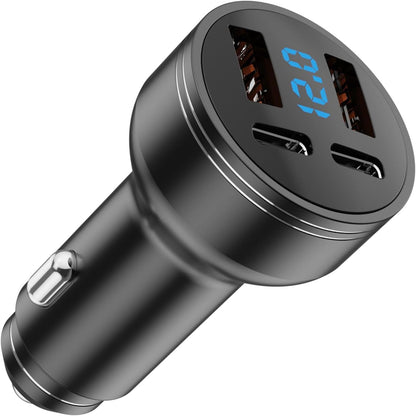 126W USB C Car Charger, 4-Port 2 USB PD 3.0 + 2 USB QC 3.0 Car Charger, Metal USB Cigarette Lighter USB C Adapter with LED Voltmeter DC12-24V for Android, Tablet and All Smartphones(Black)