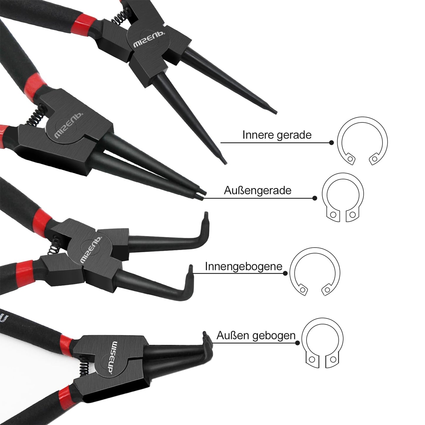 WISEUP Pliers Set, 170mm 4-Piece Bent/Straight Internal External Circlip Plier, Industrial Carbon Steel plier Set, Anti-Rust, Anti-Bending and Labor-Saving Split Ring Pliers, with Storage Bag