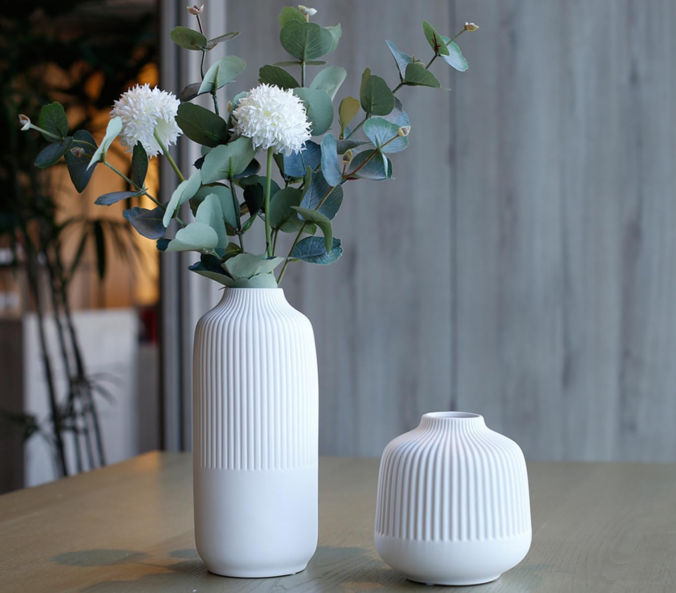 XMZXKJ White Vases Home Decor Centerpieces Modern Boho Ceramic Set of 2 for Flowers Pampas Grass Table Mantle Kitchen(Matt White)