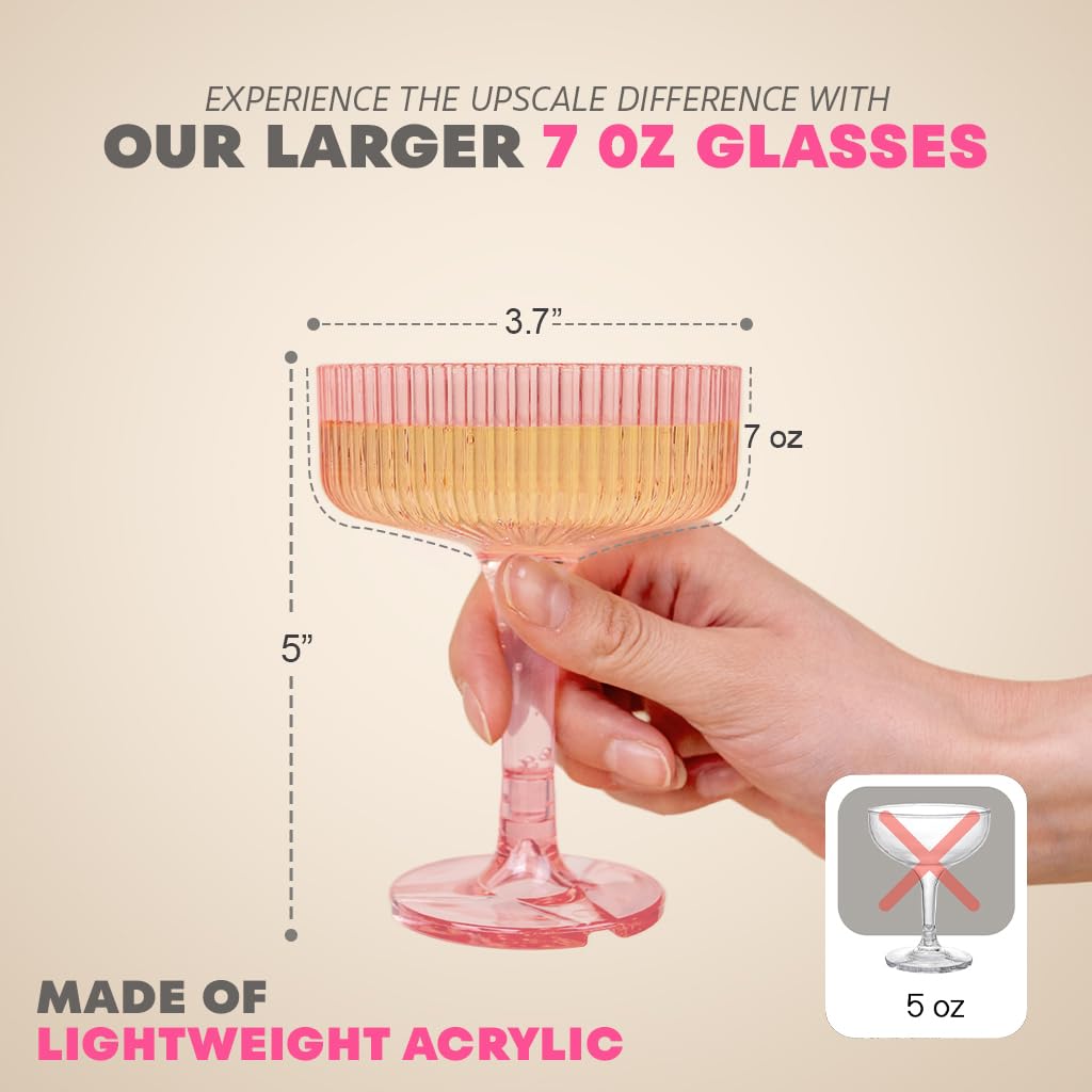Plastic Champagne Tower - 21-Piece 7oz Plastic Coupe Glasses, Champagne Tower Glasses Set for Weddings, Parties & Hosting - Pink