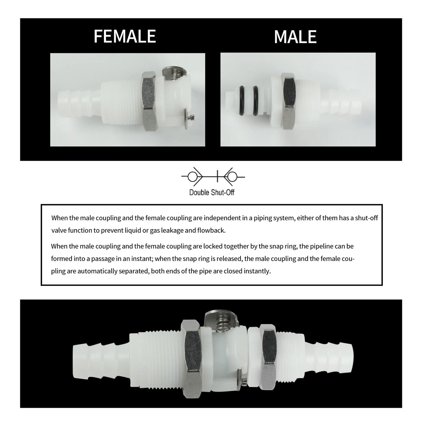 BBTUS 2PCS 1/4" 3/8" 5/16" Plastic Tube in-line Hose Quick Connector with Shut-Off valve, Panel Mounting Quick Release Coupling, Male Quick Connect Barbed Fittings (2x Male Connector)