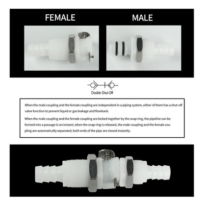 BBTUS 2PCS 1/4" 3/8" 5/16" Plastic Tube in-line Hose Quick Connector with Shut-Off valve, Panel Mounting Quick Release Coupling, Male Quick Connect Barbed Fittings (2x Male Connector)