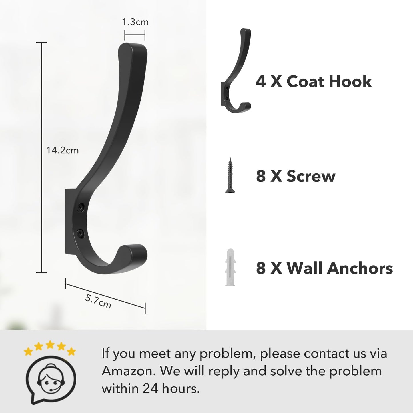 8-Pack Heavy Duty Wall Hooks - Black Coat Hanger Hooks, Screw In, Metal, For Hanging Coats, Backpacks, Purses