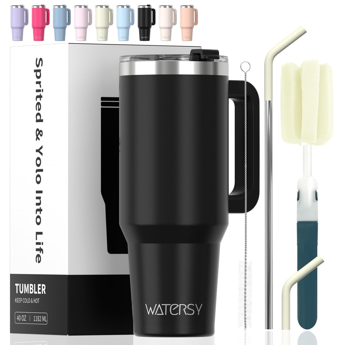 WATERSY 40 oz Tumbler with Handle,Tumbler with Lid and Straw,Double Wall Insulated Cup Stainless Steel Travel Mug(Cold for 34 Hours),Water Bottle for Iced Tea,Coffee,Cold Beverages(Black)