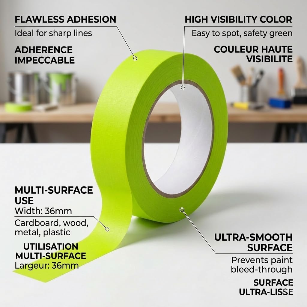 Premium Washi Masking Tape – UV & Heat Resistant, No‑Bleed, High Adhesion for Painting, Automotive, Spray Applications – Water Resistant, Clean Removal – Multiple Sizes & Colours (4, Green, 36mmx50m)