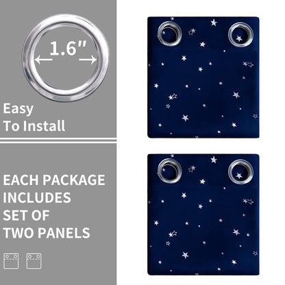 BGment Navy Blue Kids Blackout Curtains 63 Inches Long for Bedroom - Silver Star Printed Thermal Insulated Room Darkening Grommet Curtains for Living Room, 2 Panels, 52 Wide