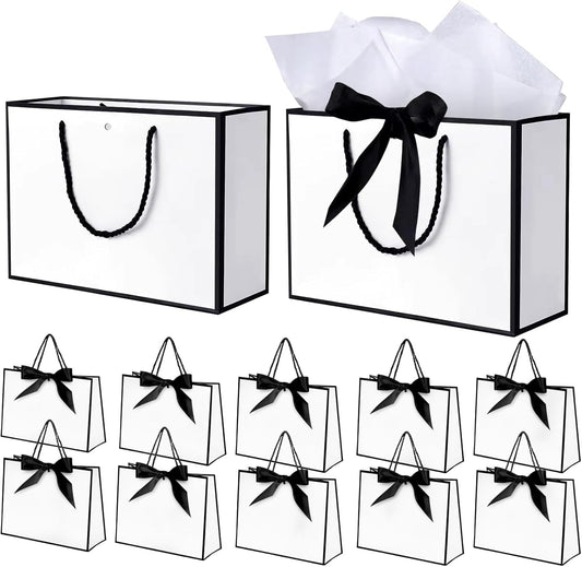 ZCOINS 12 Pack Black White Paper Gift Bags with Handles – 12.6 x 4.3x 10 Inches, Includes Tissue Paper & Ribbon Bows – Welcome Bags for Bridesmaid, Birthday, Graduation, Anniversary, Mother’s Day, Father’s Day