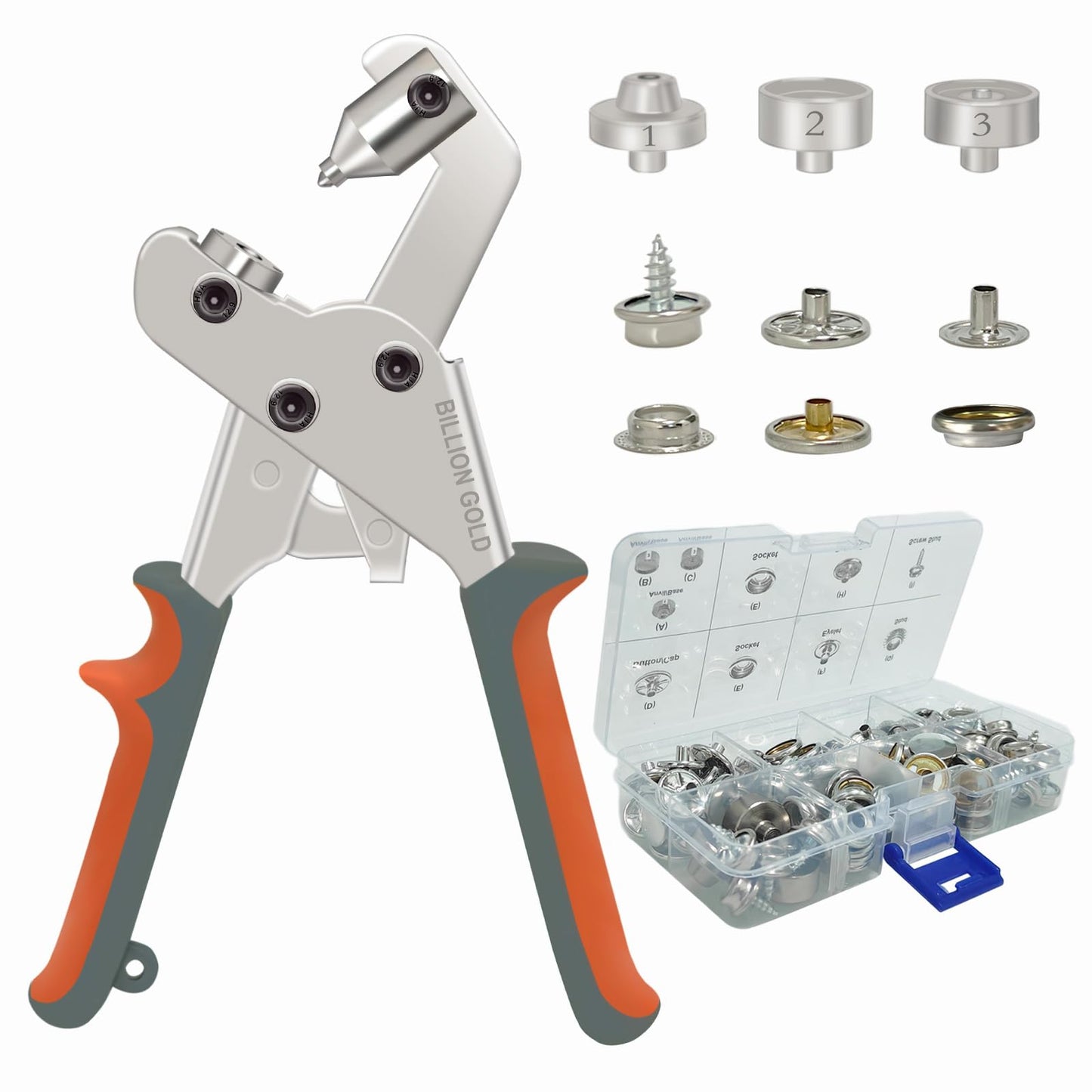 Snap Button Kit, BILLION GOLD Heavy Duty Snap Fastener Tool with 20 Sets 15mm Snaps, Handheld Snap Kit for Canvas, Leather, Boat Cover, Tarps