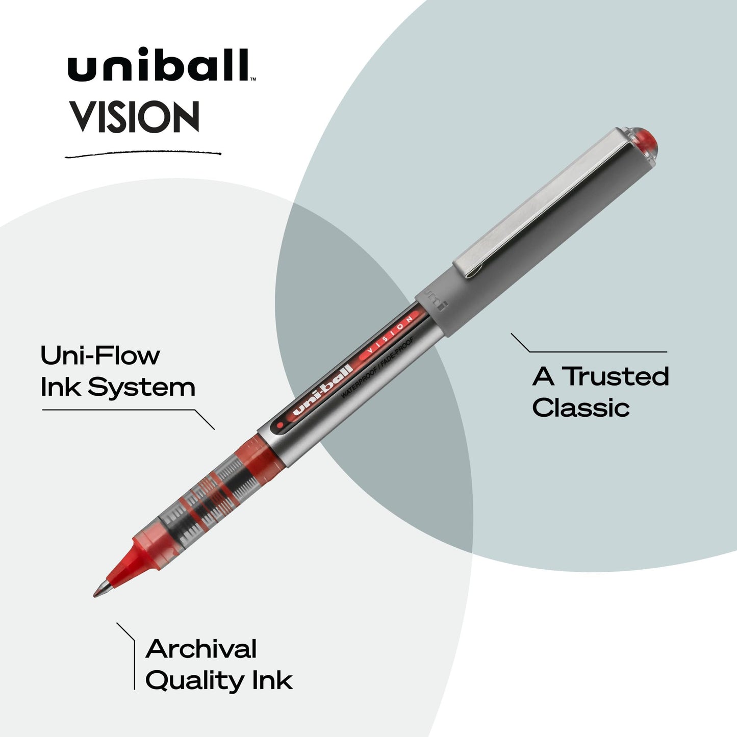 uni-ball VISION Rollerball, Stick Roller Ball Pen Fine-0.7mm, 12 Pack, Red Ink (60139)