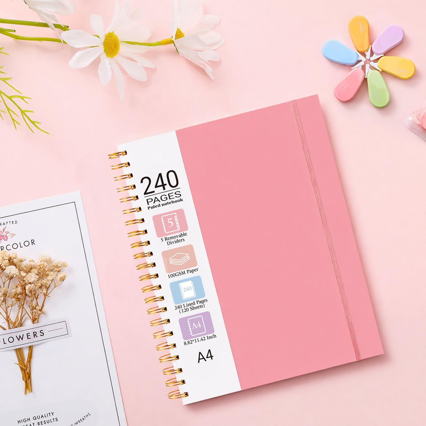 Spiral Notebook 8.8" x 11.4", 5 Subject Notebooks College Ruled with Tabs and Removable Dividers, Large A4 240 Pages 100GSM Thick Spiral Writing Journal Notebooks for Work, School (Pink)