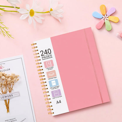 Spiral Notebook 8.8" x 11.4", 5 Subject Notebooks College Ruled with Tabs and Removable Dividers, Large A4 240 Pages 100GSM Thick Spiral Writing Journal Notebooks for Work, School (Pink)